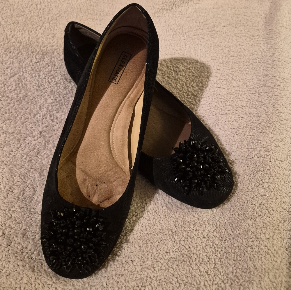 Alex Marie “Meghann” Black Beaded-Toe Dress Flats 7.5